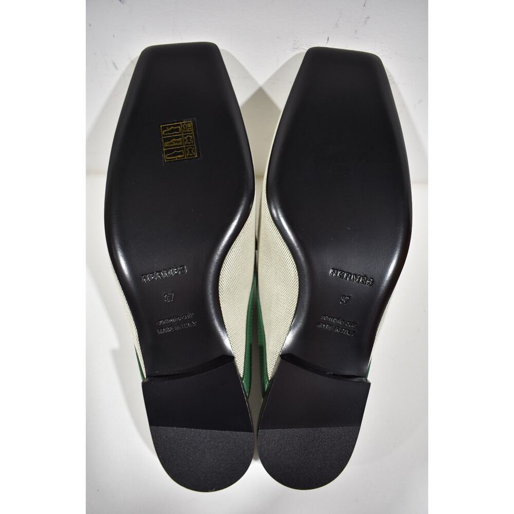 Hermes Groupie Mule Cactus Green Leather Canvas Backless Mule Slide Flat 37 - Picture 12 of 12